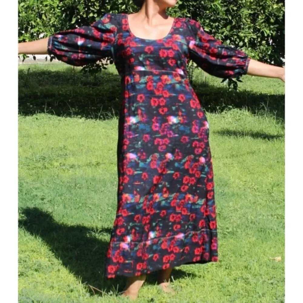 RACHEL COMEY RED FLORAL MAXI DRESS PUFF SLEEVE SIZE 6/M POCKETS PRAIRIE PEASANT